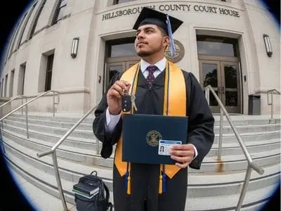 college graduate moving forward after successful case resolution