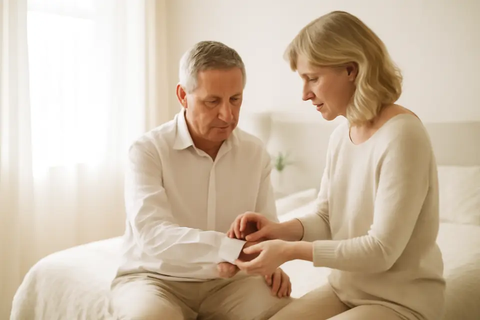 Spouse helping partner after an injury