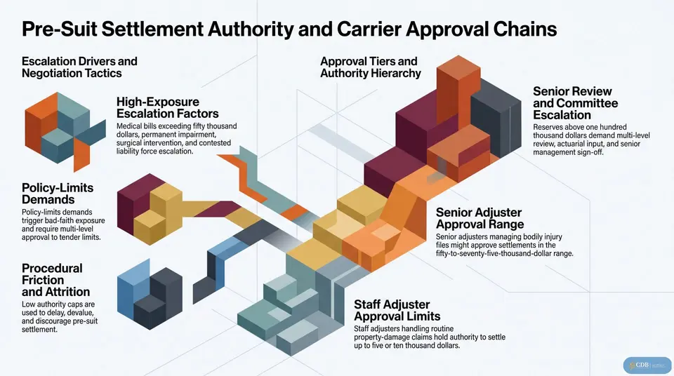 Infographic: pre-suit settlement authority, from staff adjuster limits and senior adjuster ranges to committee review, and the escalation factors that move a claim up the chain