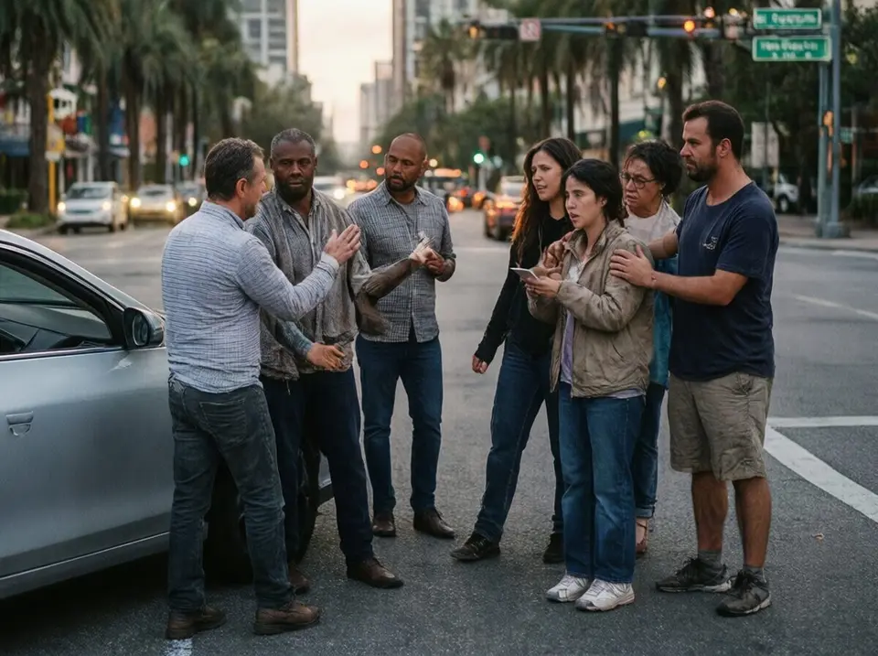 people at the scene of a rideshare car collision at a Tampa intersection