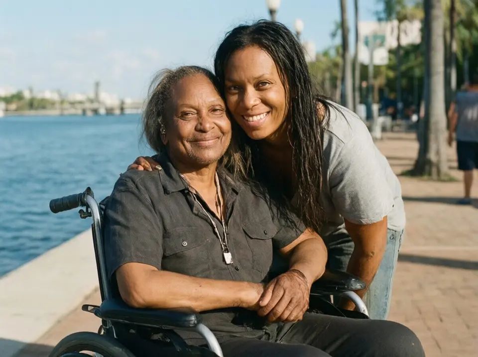 a person using a wheelchair with a supportive family member on a Tampa riverwalk